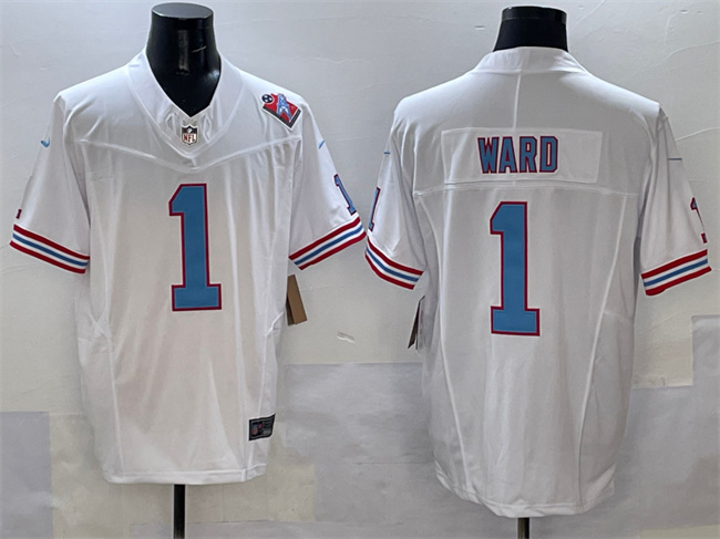 Men's White Tennessee Titans #1 Cameron Ward 2025 Draft F.U.S.E. 1997 Throwback Patch Vapor Limited Stitched Football Jersey